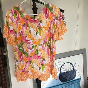 Cato Pink and Yellow Flutter Sleeve Ruffled Blouse
